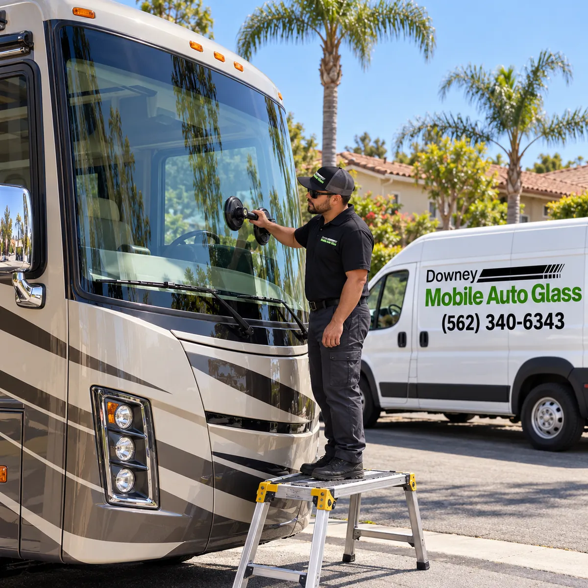 Downey Mobile Auto Glass technician servicing a motorhome windshield in Downey, CA