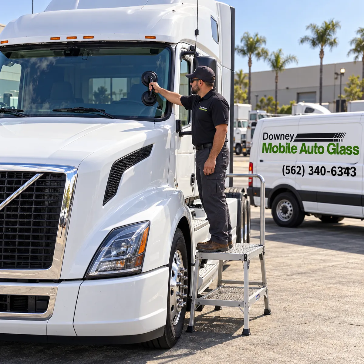 Downey Mobile Auto Glass technician servicing a semi truck windshield in Downey, CA