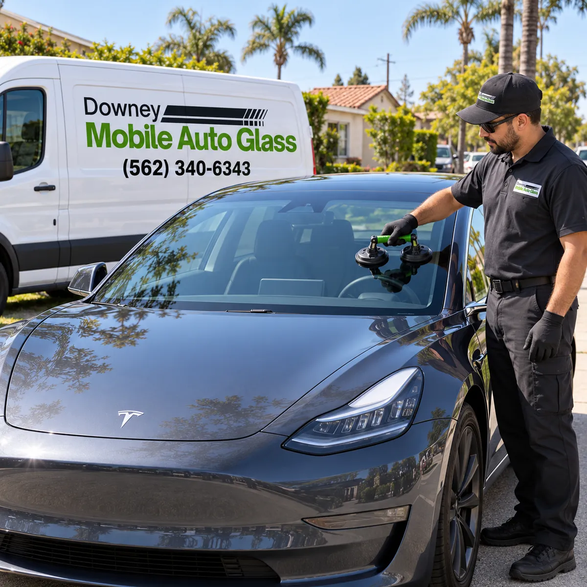 Downey Mobile Auto Glass technician fitting a Tesla windshield in Downey, CA